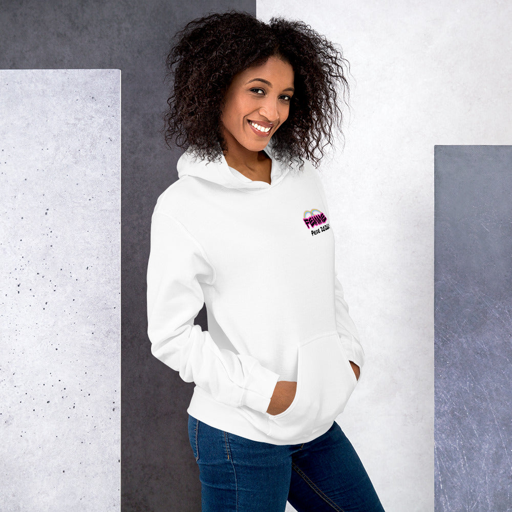 Femme Pride 2026 Unisex Hoodie in white, right side — lesbian pride clothing, Femme Bar Worcester MA
