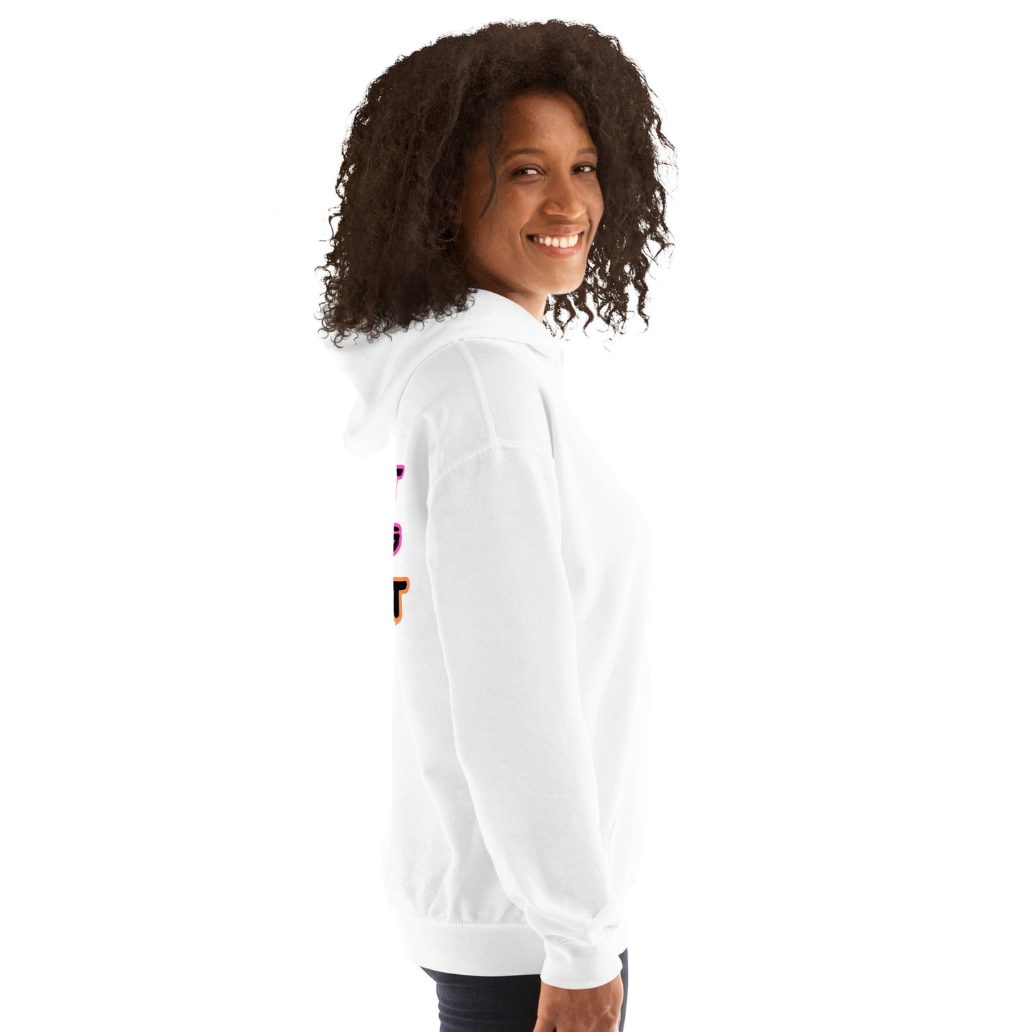 Femme Pride 2026 Unisex Hoodie in white, right side — lesbian pride clothing, Femme Bar Worcester MA