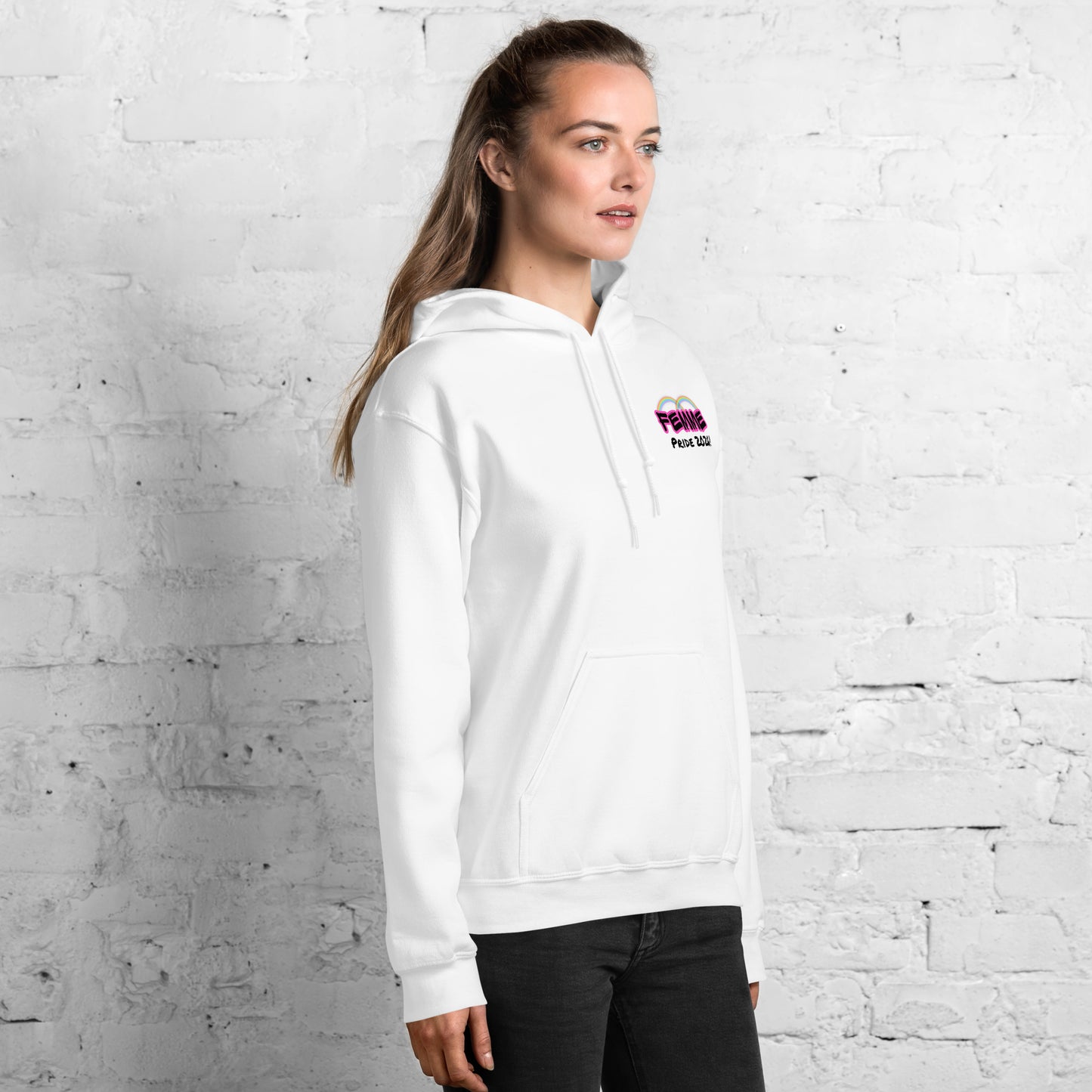 Femme Pride 2026 Unisex Hoodie in white, front right angle — LGBTQ pride hoodie, Femme Bar Worcester MA