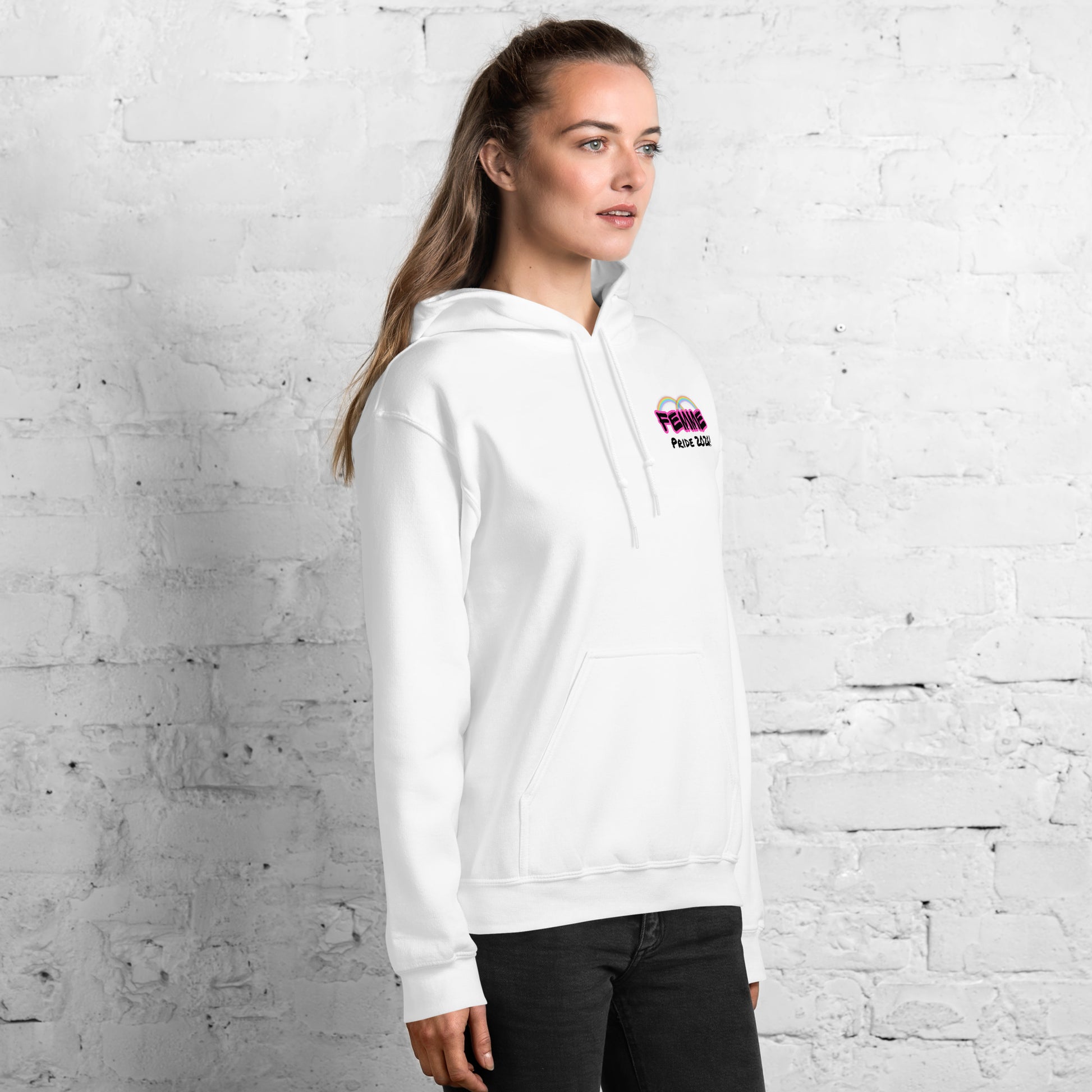 Femme Pride 2026 Unisex Hoodie in white, front right angle — LGBTQ pride hoodie, Femme Bar Worcester MA