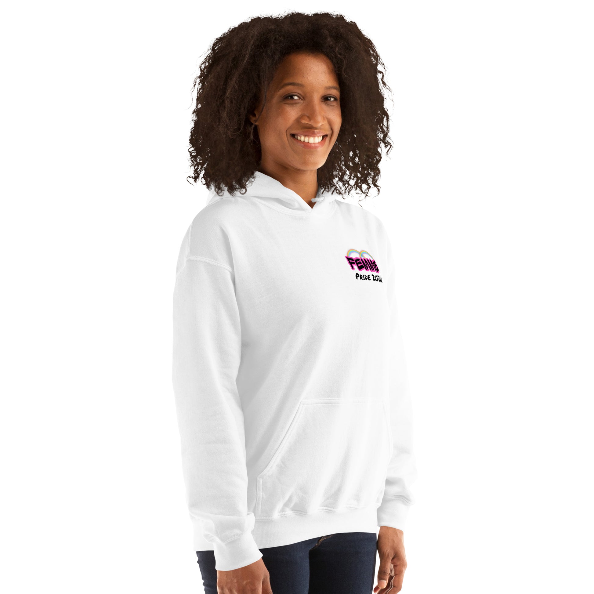 Femme Pride 2026 Unisex Hoodie in white, front right angle — LGBTQ pride hoodie, Femme Bar Worcester MA