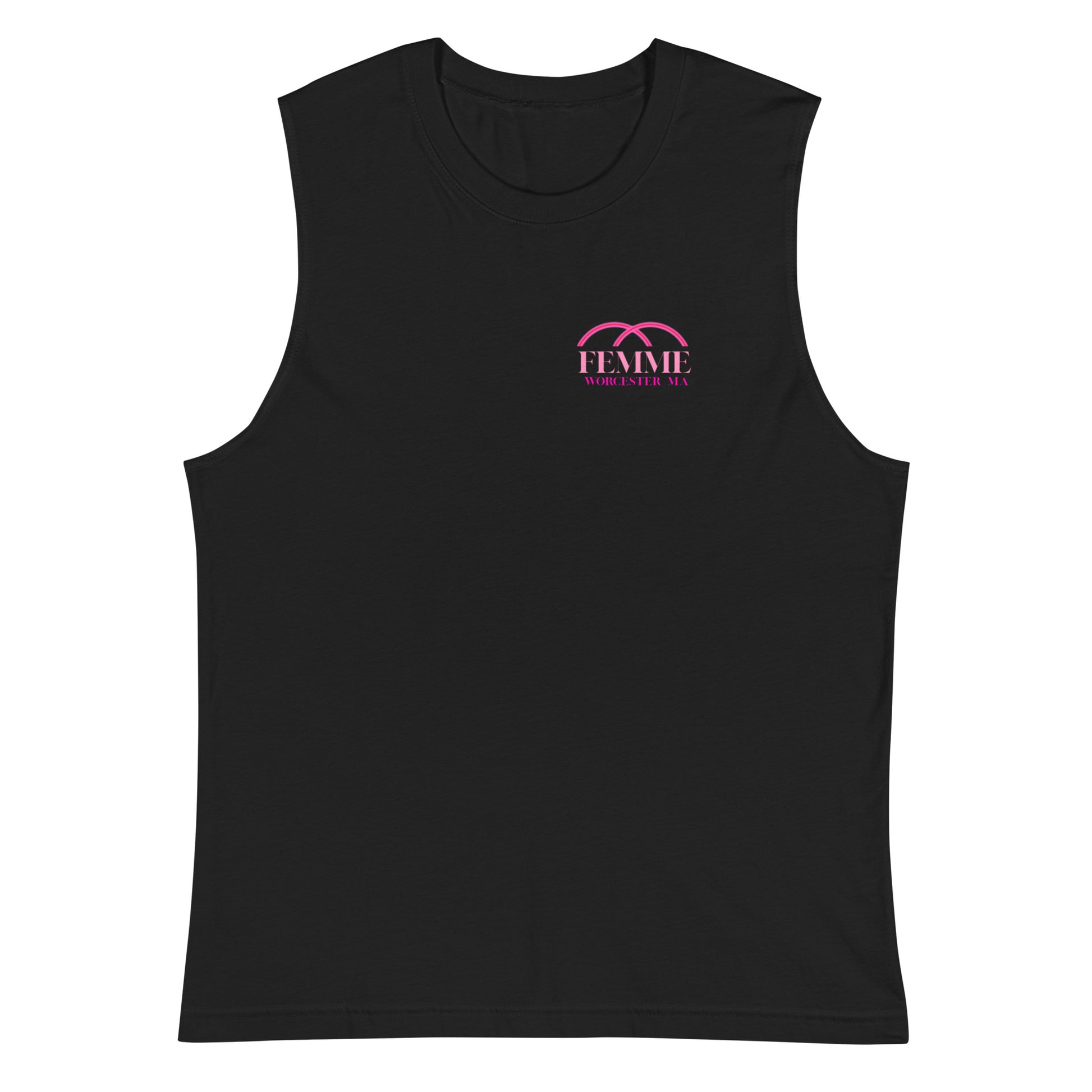 Femme Bar Classic Muscle Shirt front - black unisex tank with Femme Bar Worcester logo - lesbian bar merch Worcester MA
