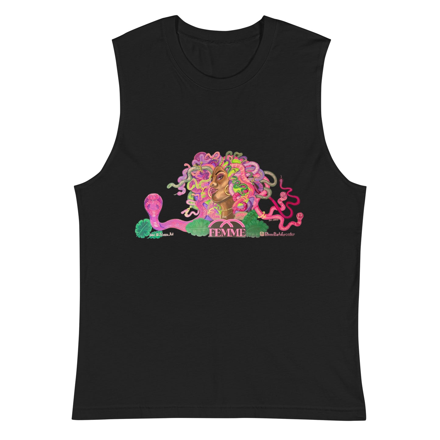 Femme Bar Mural Muscle Shirt front - black tank with Femme mural art - lesbian bar Worcester MA merch