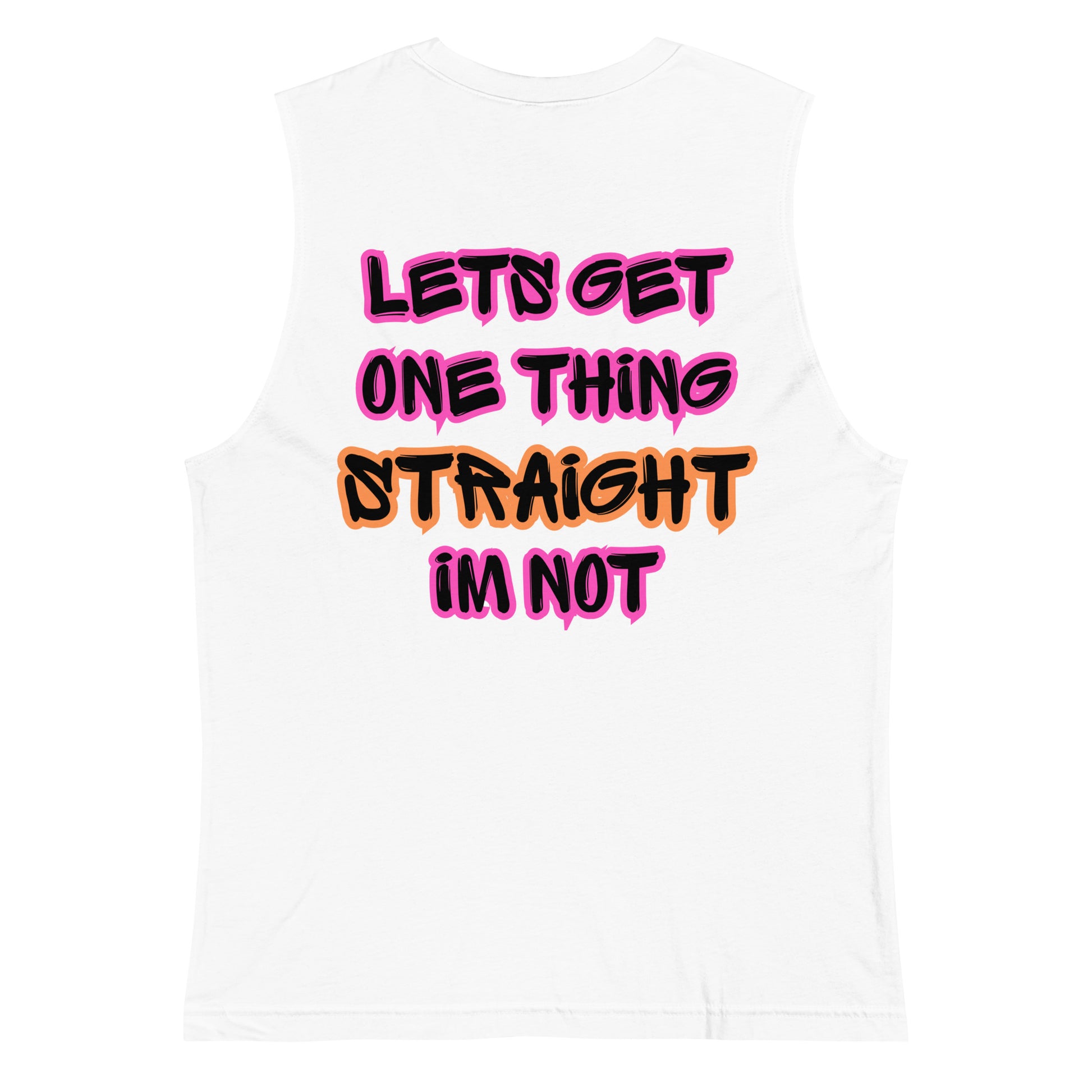 Femme Pride 2026 Muscle Shirt in white, back view — queer LGBTQ apparel from Femme Bar Worcester MA
