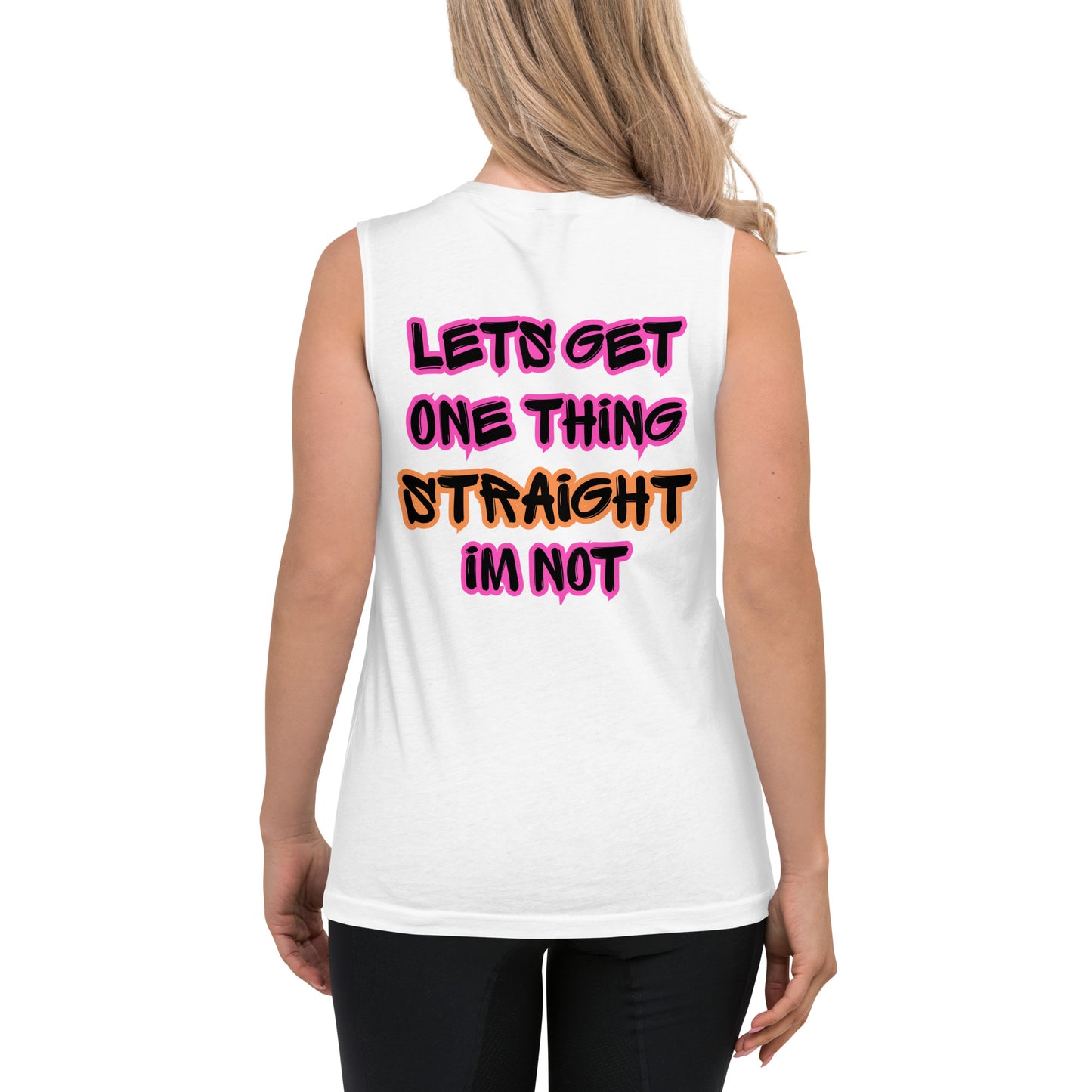 Femme Pride 2026 Muscle Shirt in white, back detail — Femme Bar lesbian pride clothing Worcester MA