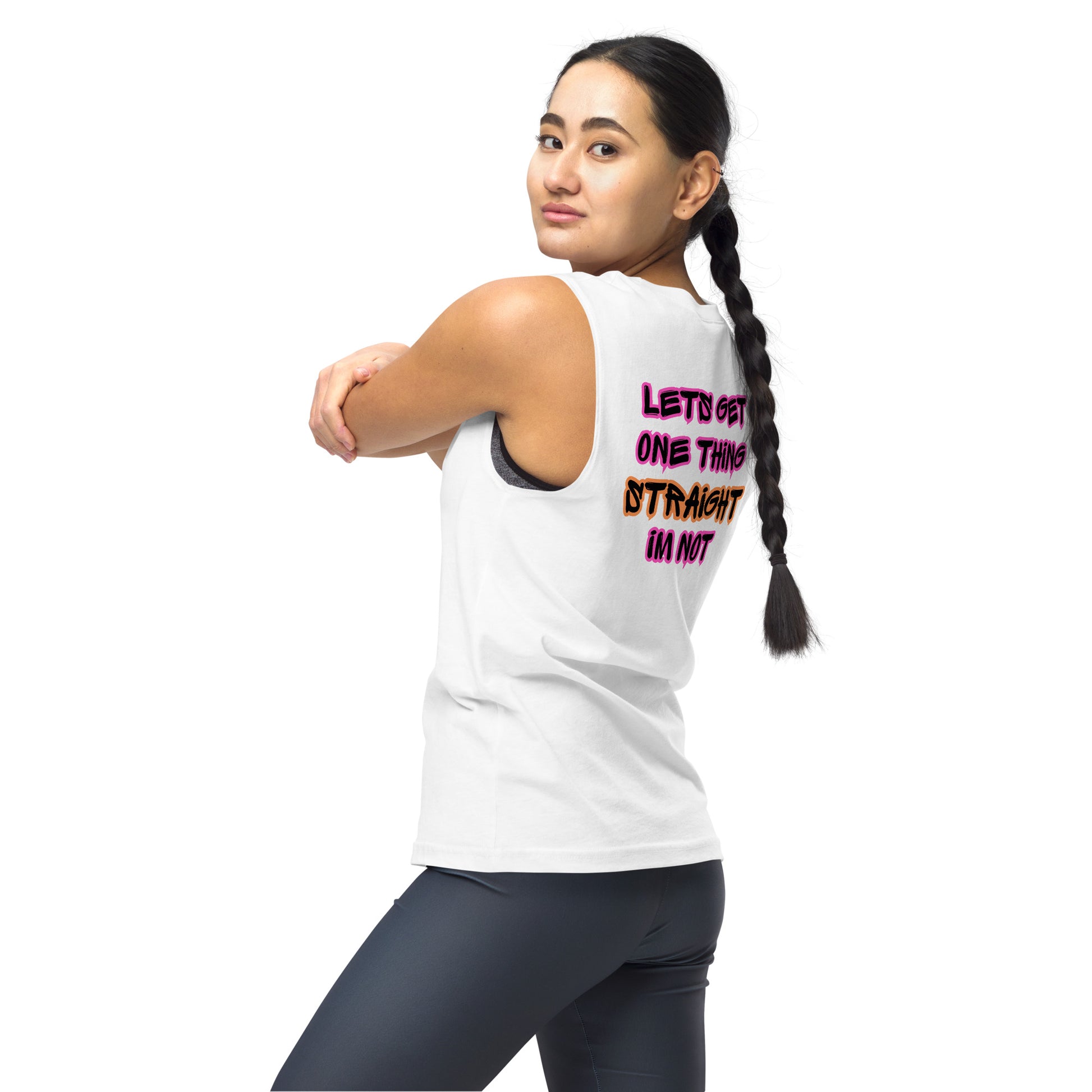 Femme Pride 2026 Muscle Shirt in white, back-left — Femme Bar lesbian bar merch, Worcester MA