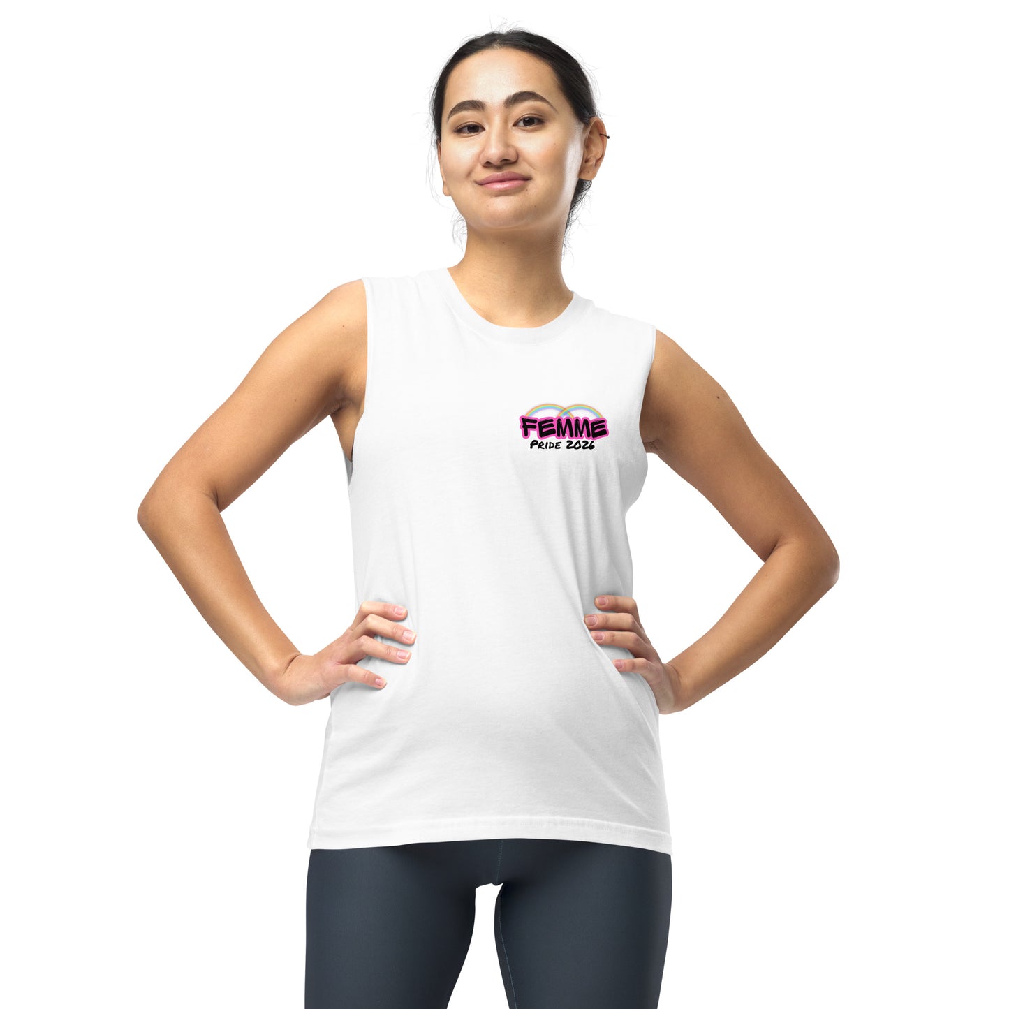 Femme Pride 2026 Muscle Shirt in white, front view — rainbow Femme branding, Femme Bar Worcester MA