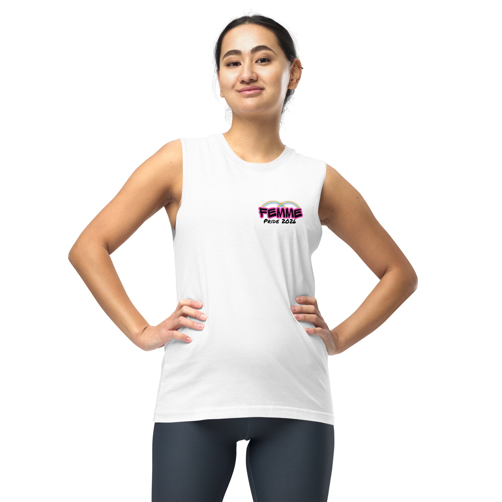 Femme Pride 2026 Muscle Shirt in white, front view — rainbow Femme branding, Femme Bar Worcester MA