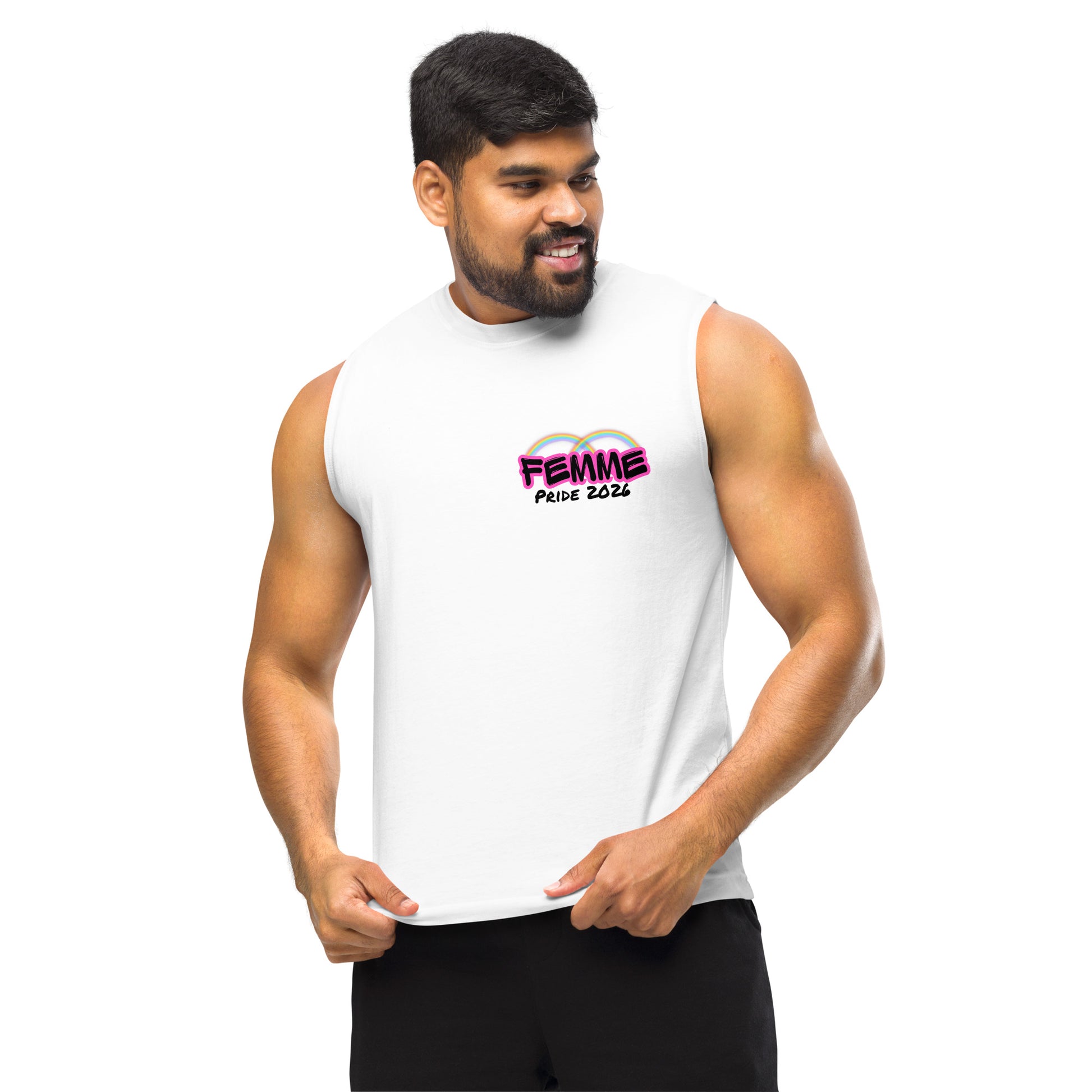 Femme Pride 2026 Muscle Shirt in white — LGBTQ pride apparel from Femme Bar, Worcester MA