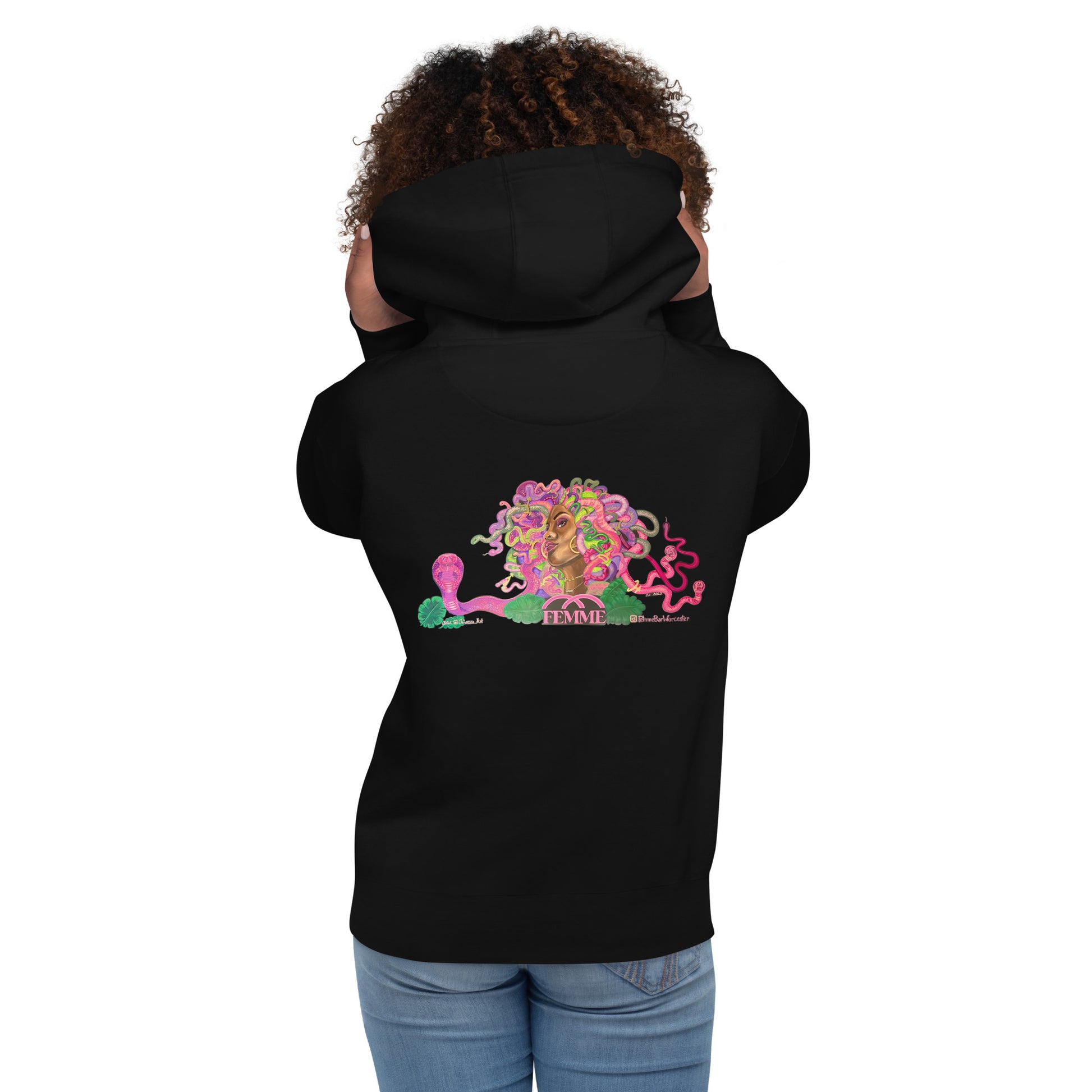 Femme Bar mural hoodie in black, back — New England's first modern lesbian bar