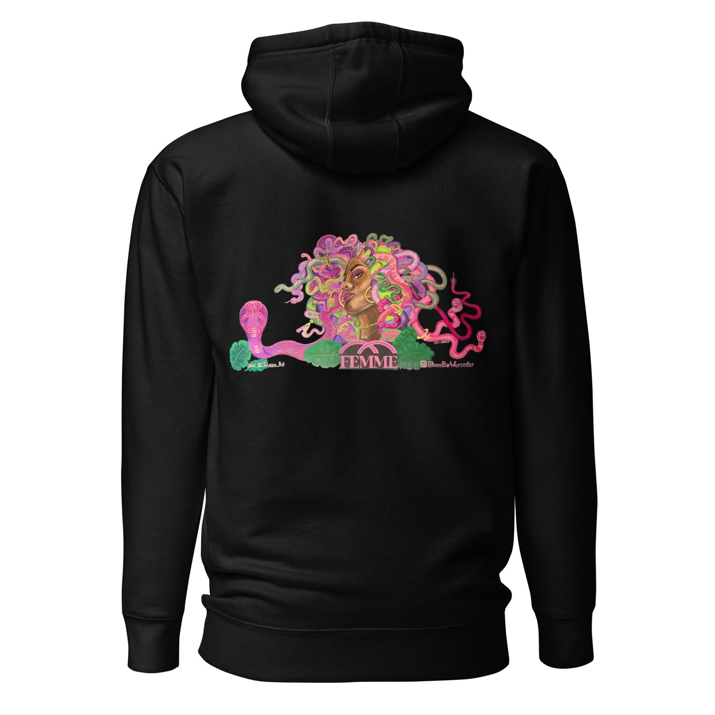 Femme Bar mural hoodie in black, back — Femme Bar Worcester MA