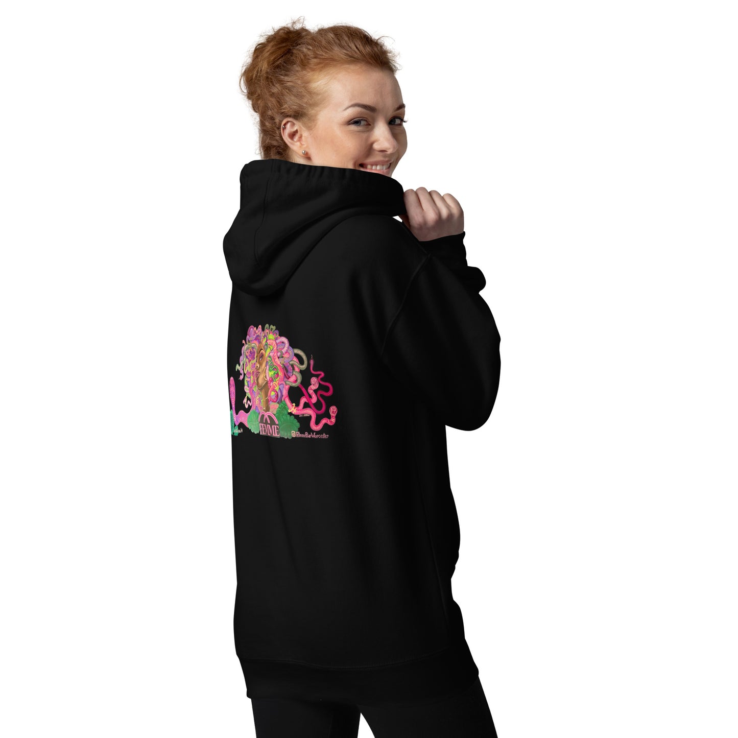 Femme Bar mural pullover hoodie in black, back view — Femme Bar Worcester MA