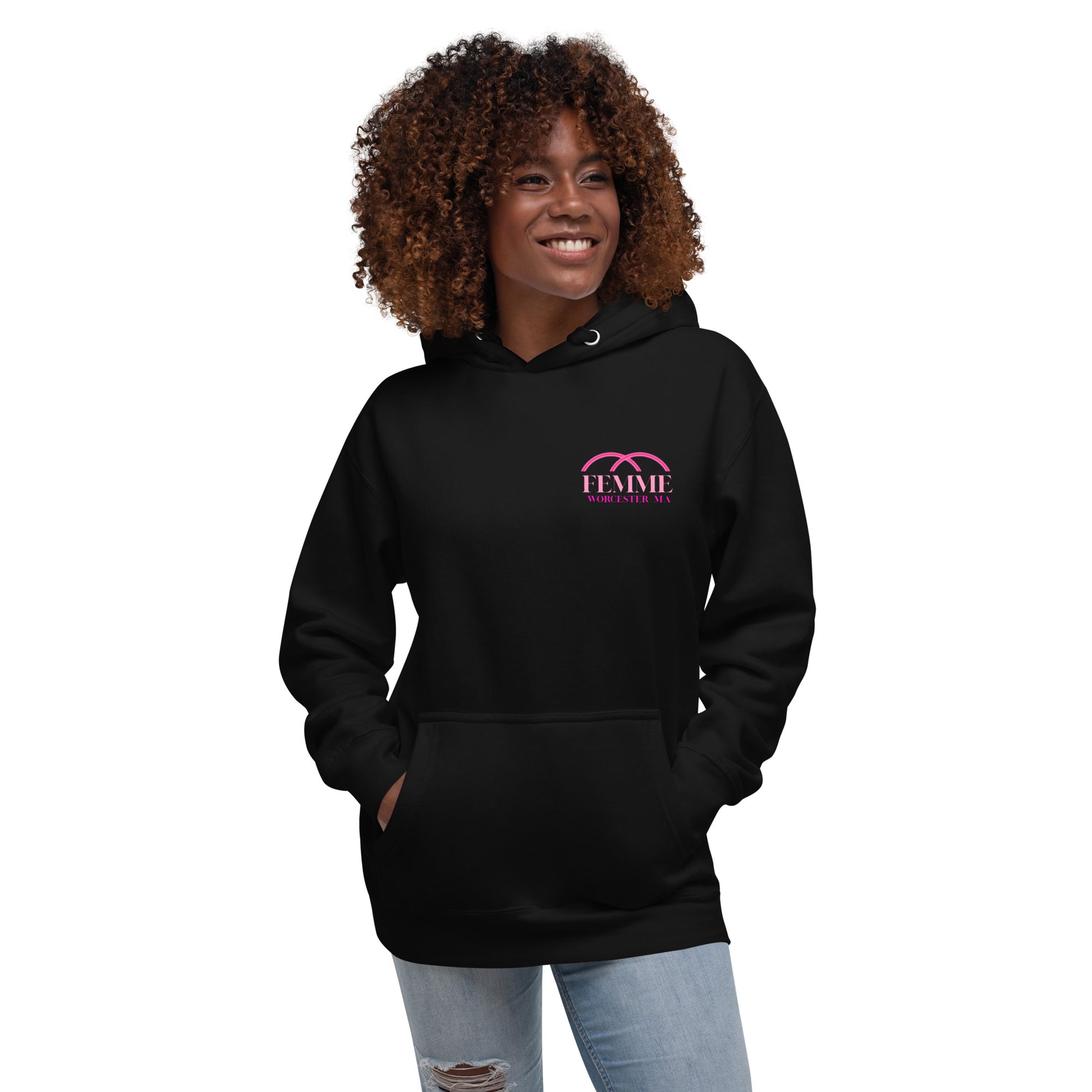 Femme Bar mural hoodie in black, front — New England's first modern lesbian bar