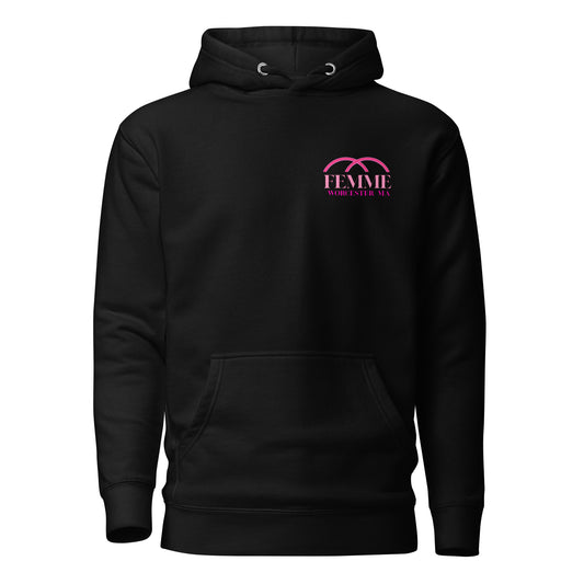 Femme Bar mural hoodie in black, front — signature Worcester mural art, lesbian bar merch