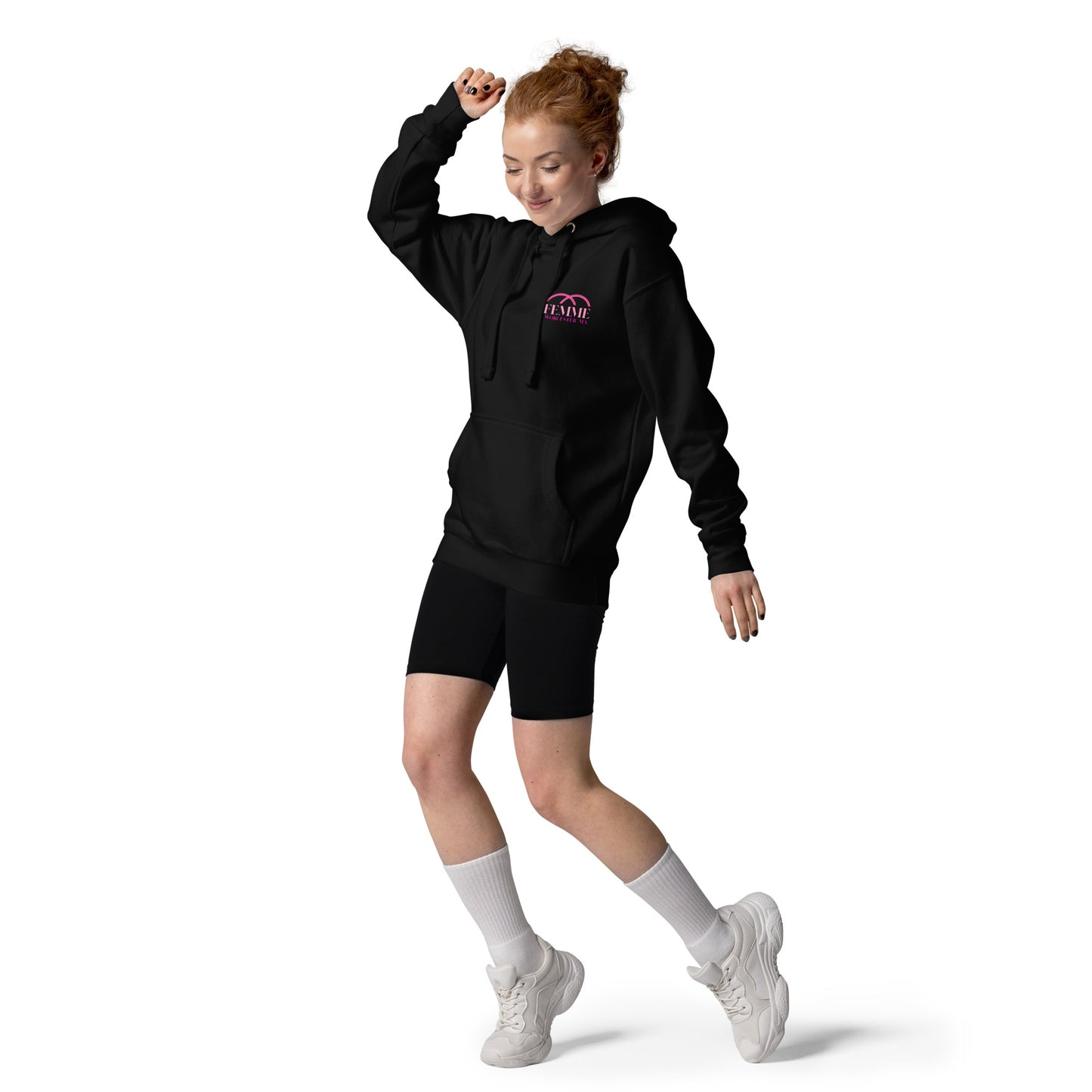 Femme Bar mural pullover hoodie in black, front view — lesbian bar merch, Worcester MA