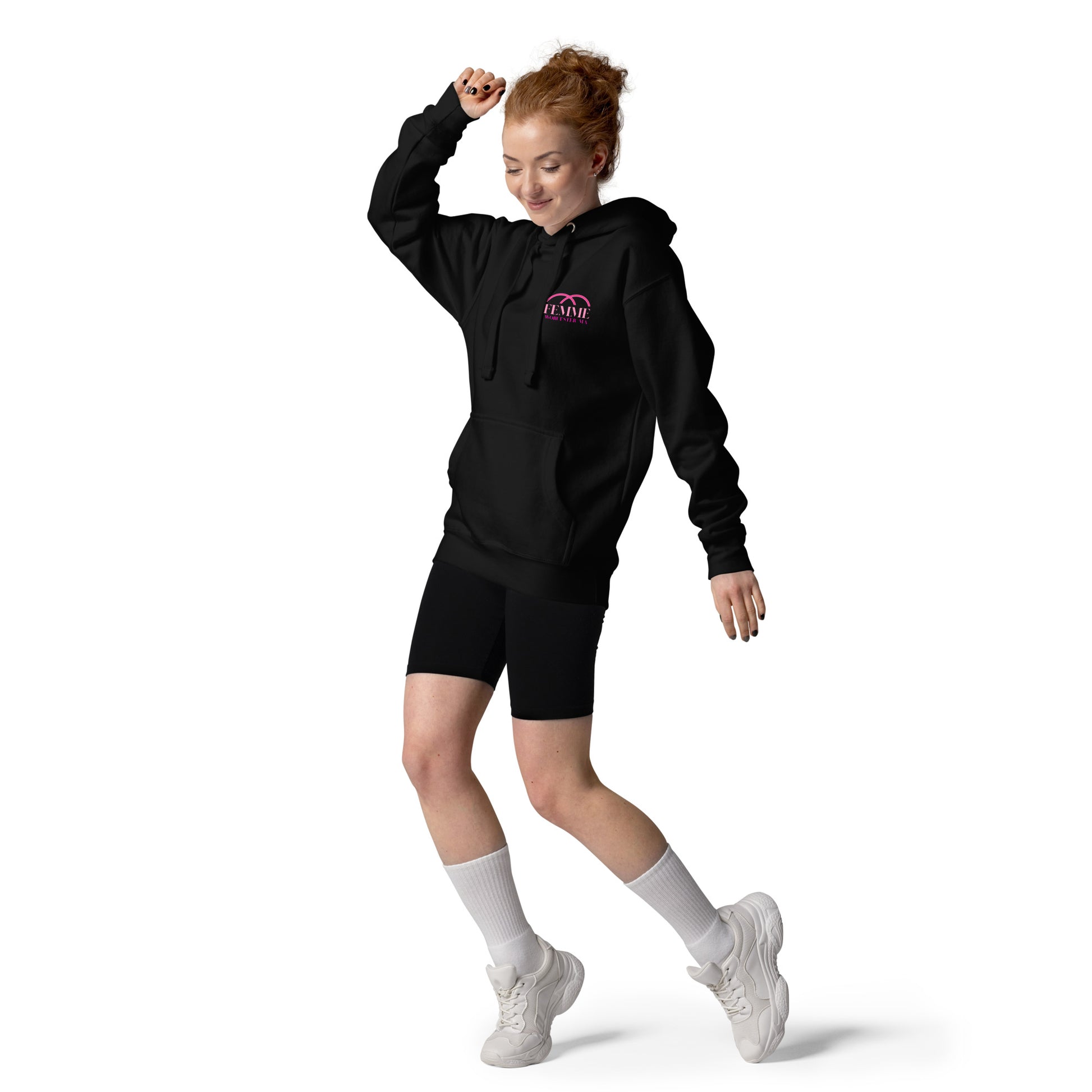 Femme Bar mural pullover hoodie in black, front view — lesbian bar merch, Worcester MA