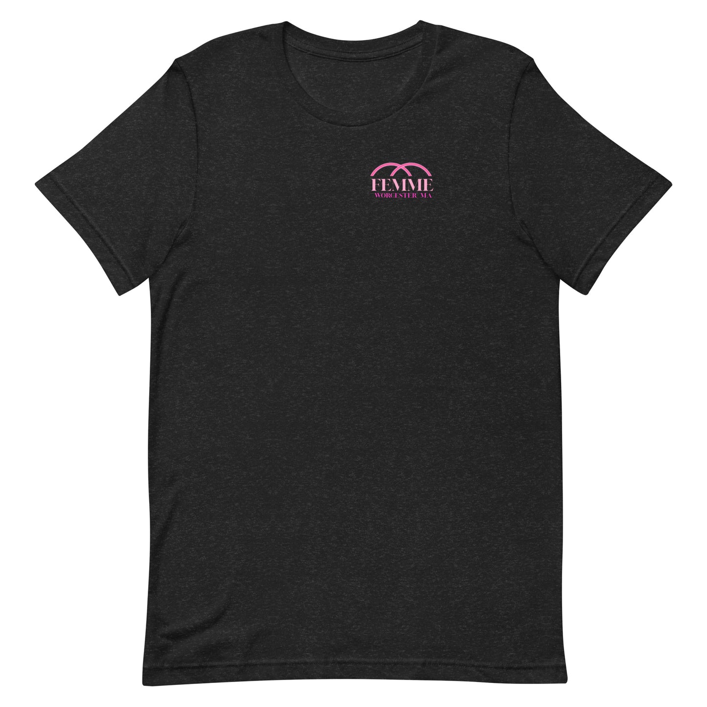 Femme Bar Classic Tee front - dark heather unisex t-shirt with Femme Bar Worcester logo - lesbian bar merch Worcester MA