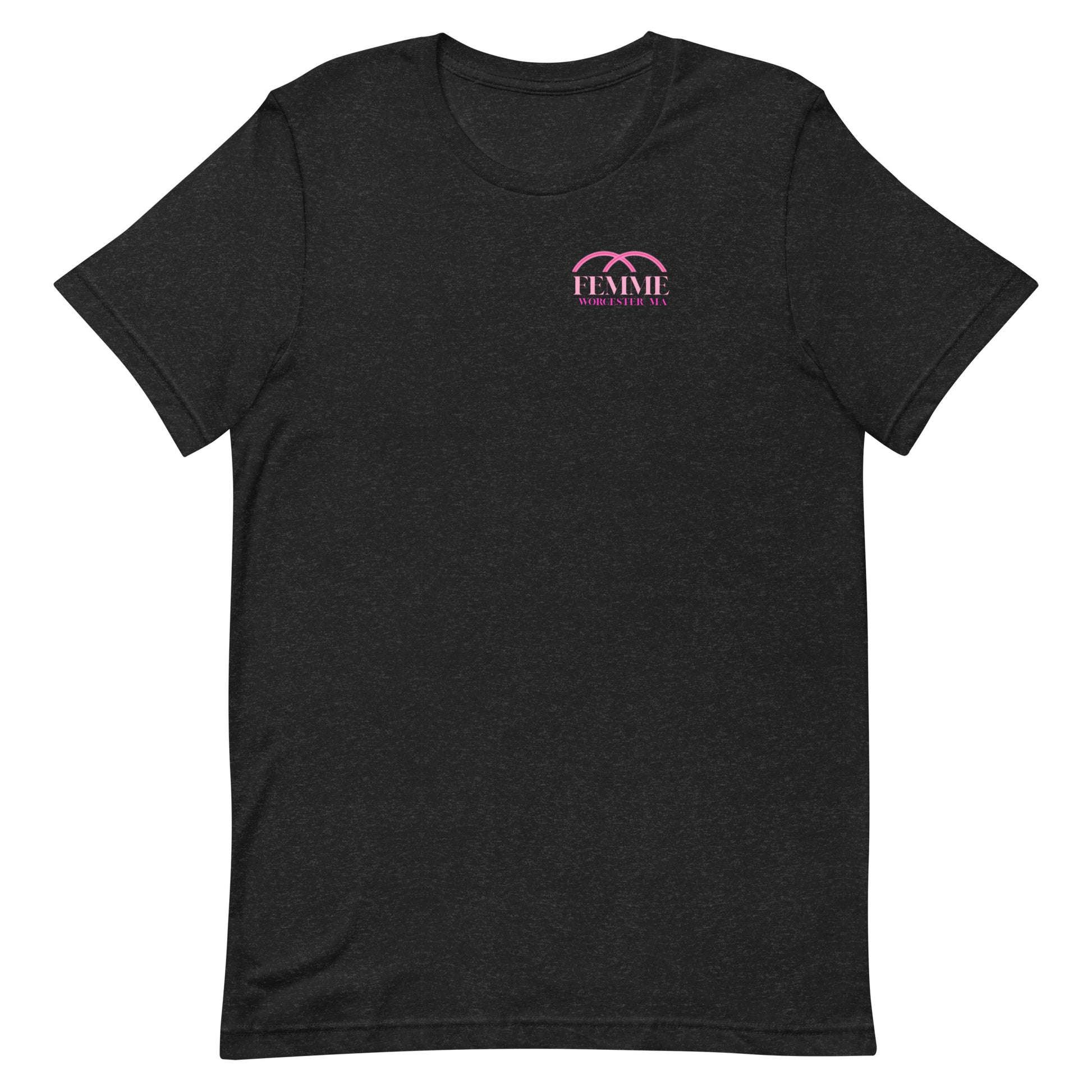 Femme Bar Classic Tee front - dark heather unisex t-shirt with Femme Bar Worcester logo - lesbian bar merch Worcester MA