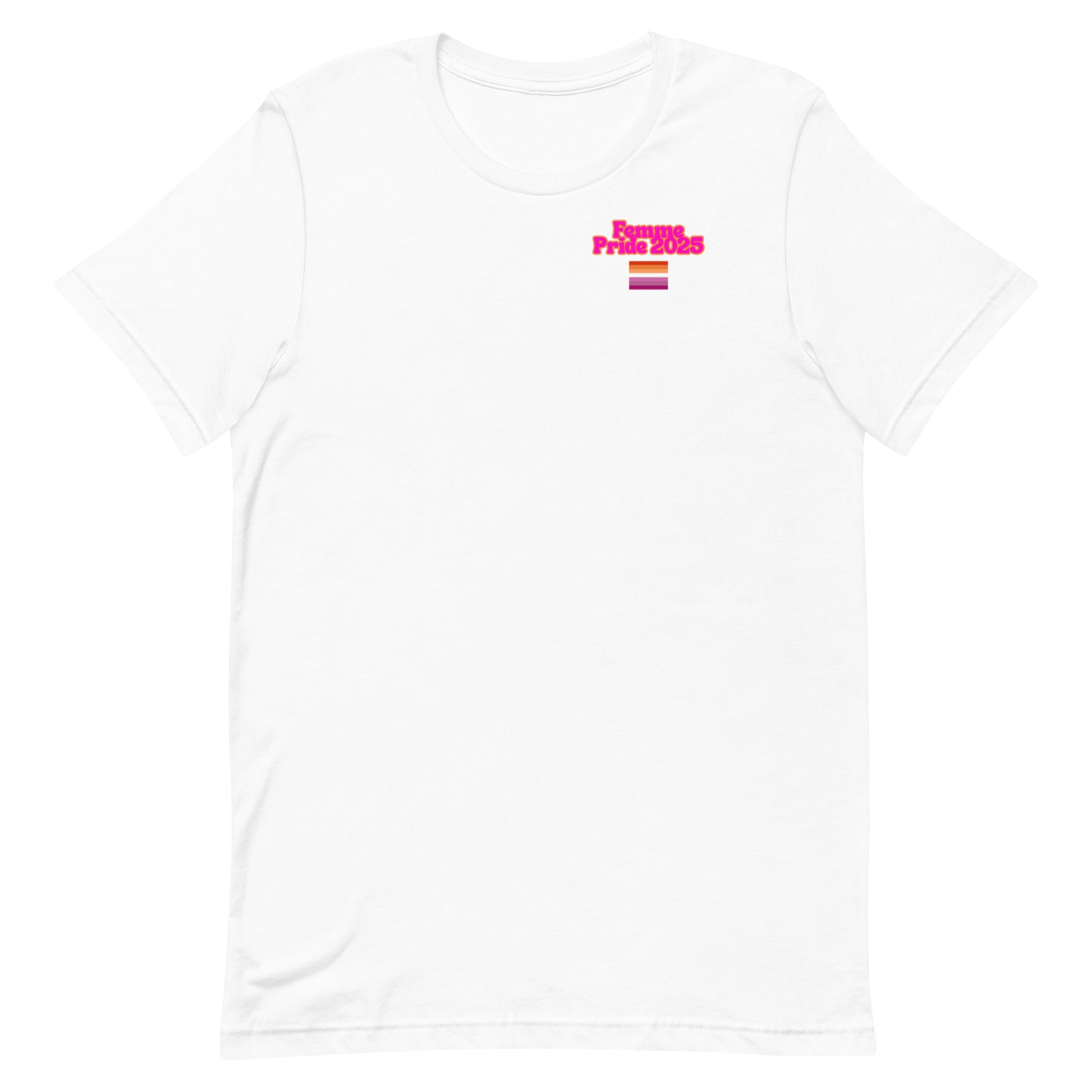 Femme Bar Pride 2025 T-shirt front - limited edition white unisex tee with Femme Gay pride logo - lesbian bar Worcester MA LGBTQ merch