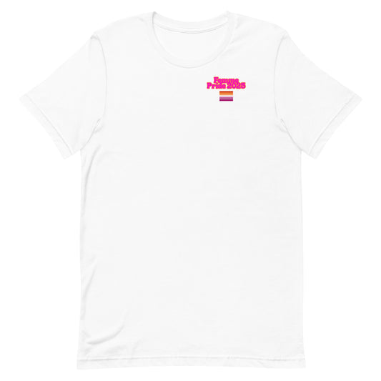 Femme Bar Pride 2025 T-shirt front - limited edition white unisex tee with Femme Gay pride logo - lesbian bar Worcester MA LGBTQ merch