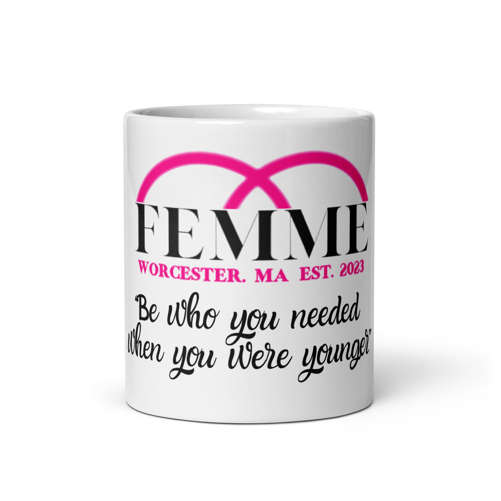 White ceramic mug Femme Bar lesbian bar merch Worcester MA