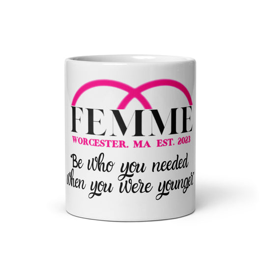 White ceramic mug Femme Bar lesbian bar merch Worcester MA