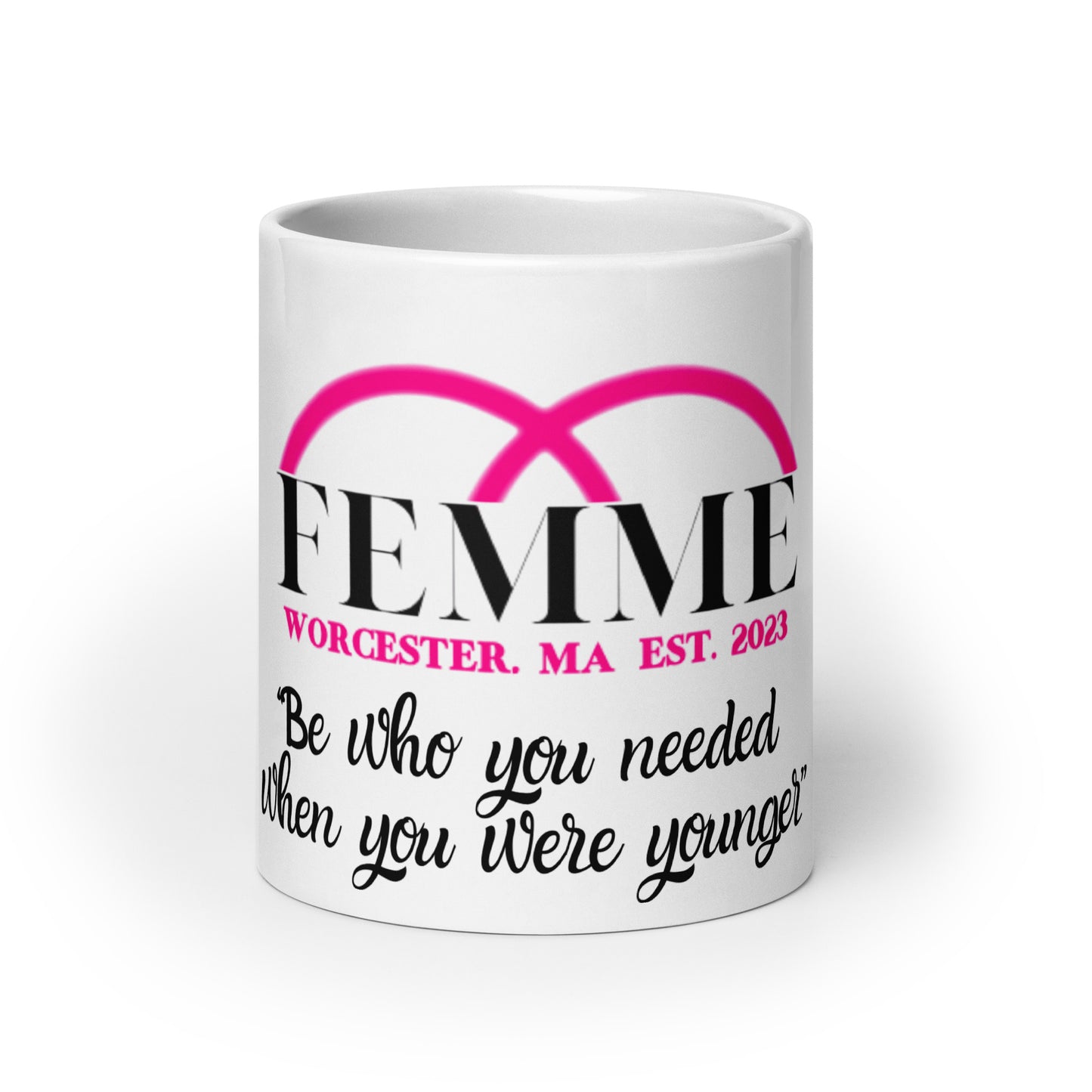 White mug with Femme Bar logo lesbian bar merch