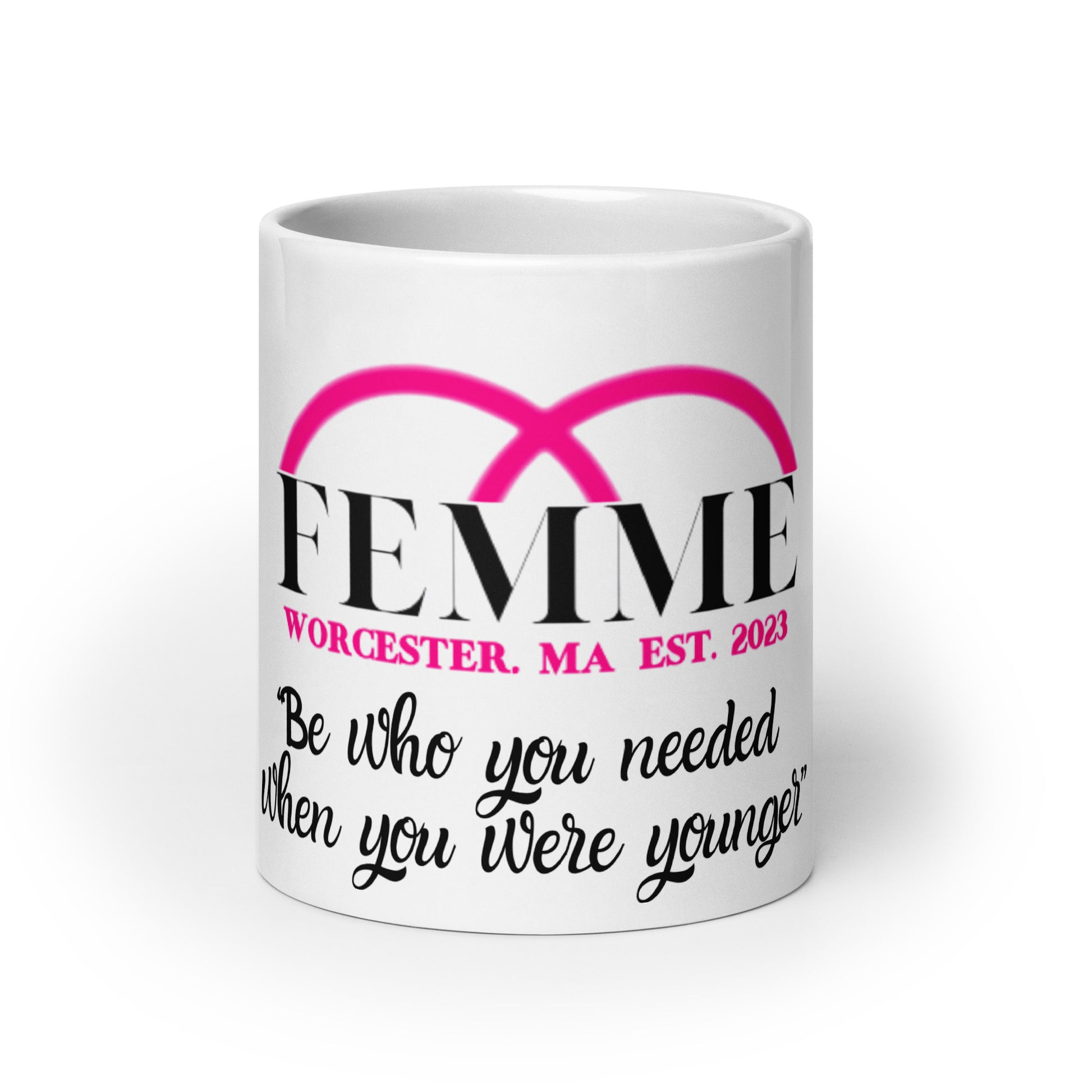 White mug with Femme Bar logo lesbian bar merch