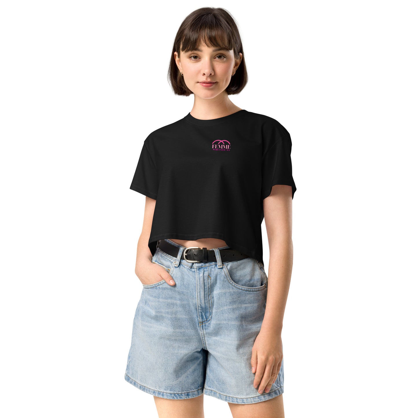 Femme Bar Classic Crop Top front - black womens crop tee with Femme Bar Worcester logo - lesbian bar merch Worcester MA