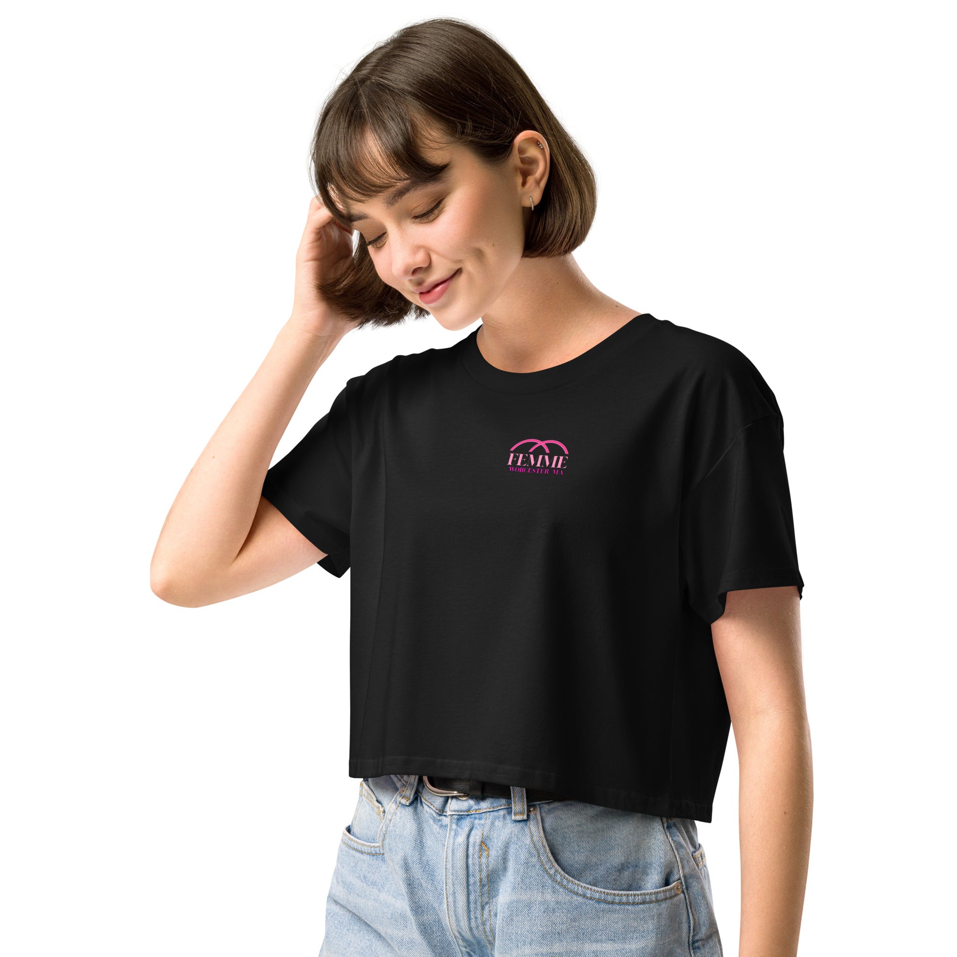 Femme Bar Classic Crop Top side view — black womens crop tee with Femme Bar logo, lesbian bar Worcester MA