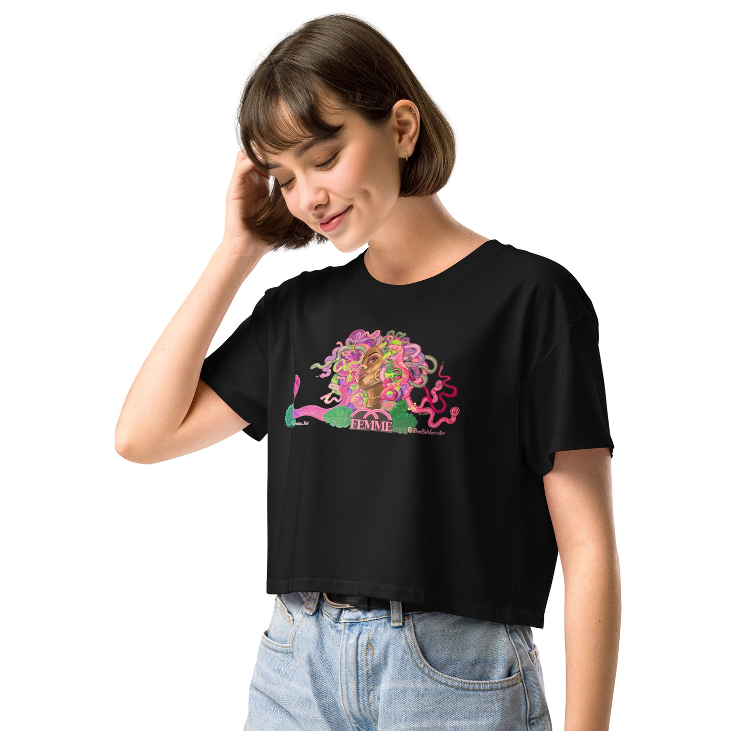 Femme Bar Mural Crop Top lifestyle - Femme mural art on black crop tee - Worcester MA LGBTQ merch