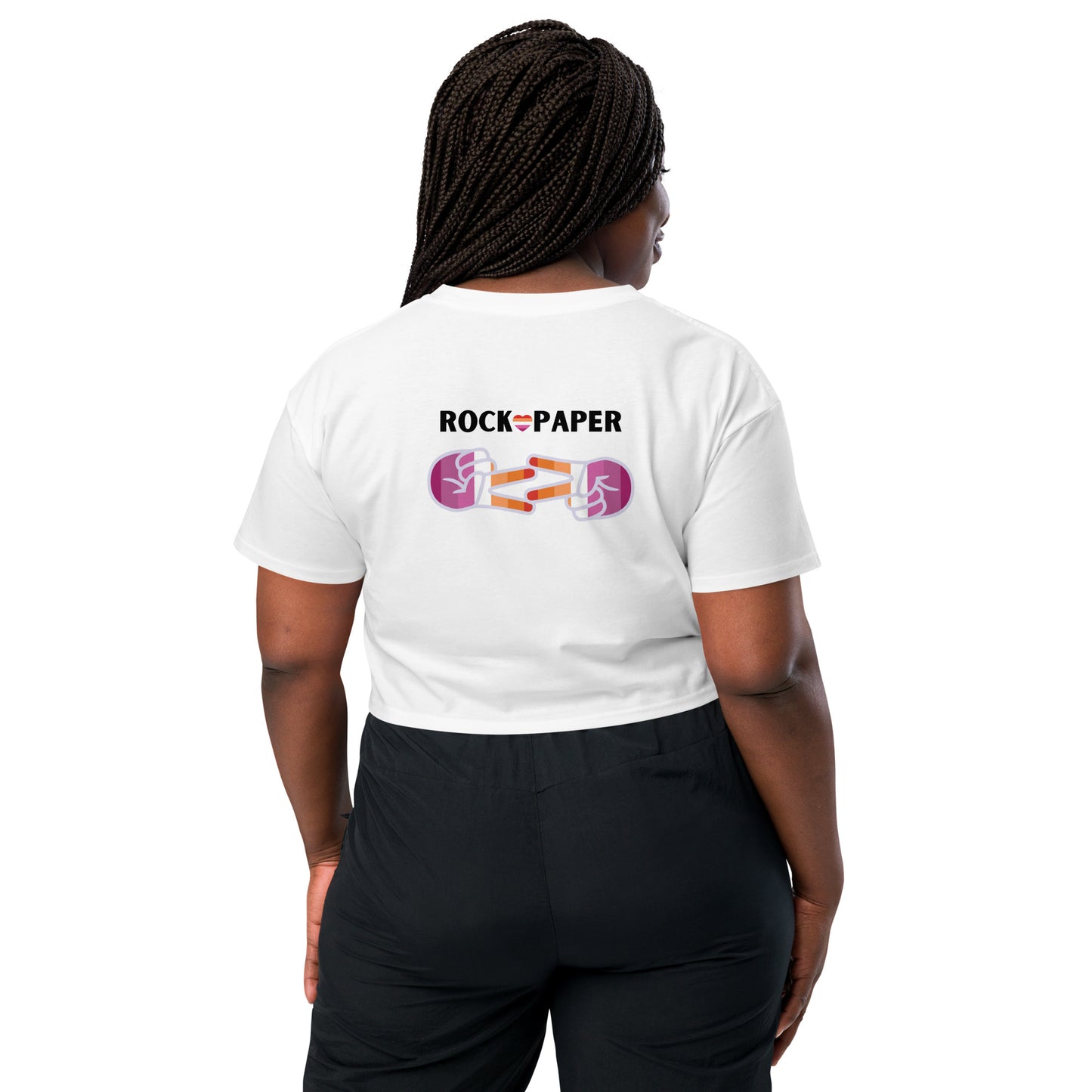 Femme Bar RPS Crop Top back model - Rock Paper Scissors design - lesbian bar Worcester MA merch