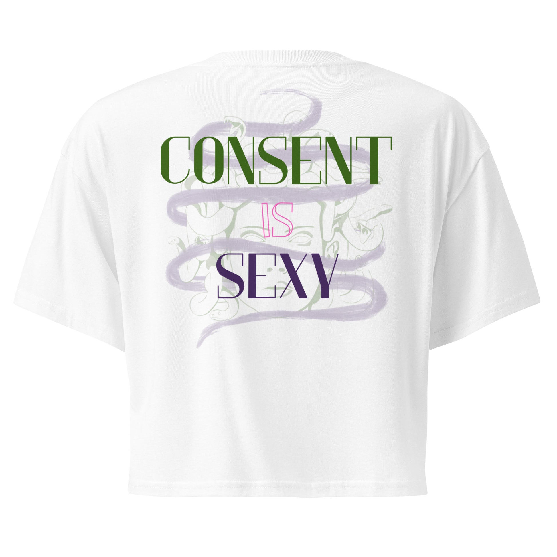Consent is Sexy crop top back — three-word message print, Femme Bar queer bar Worcester MA