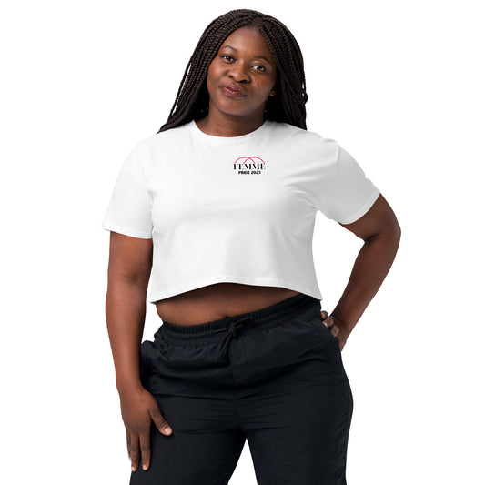Femme Bar Rock Paper Scissors Crop Top - white womens crop tee with Femme logo - lesbian bar Worcester MA LGBTQ merch