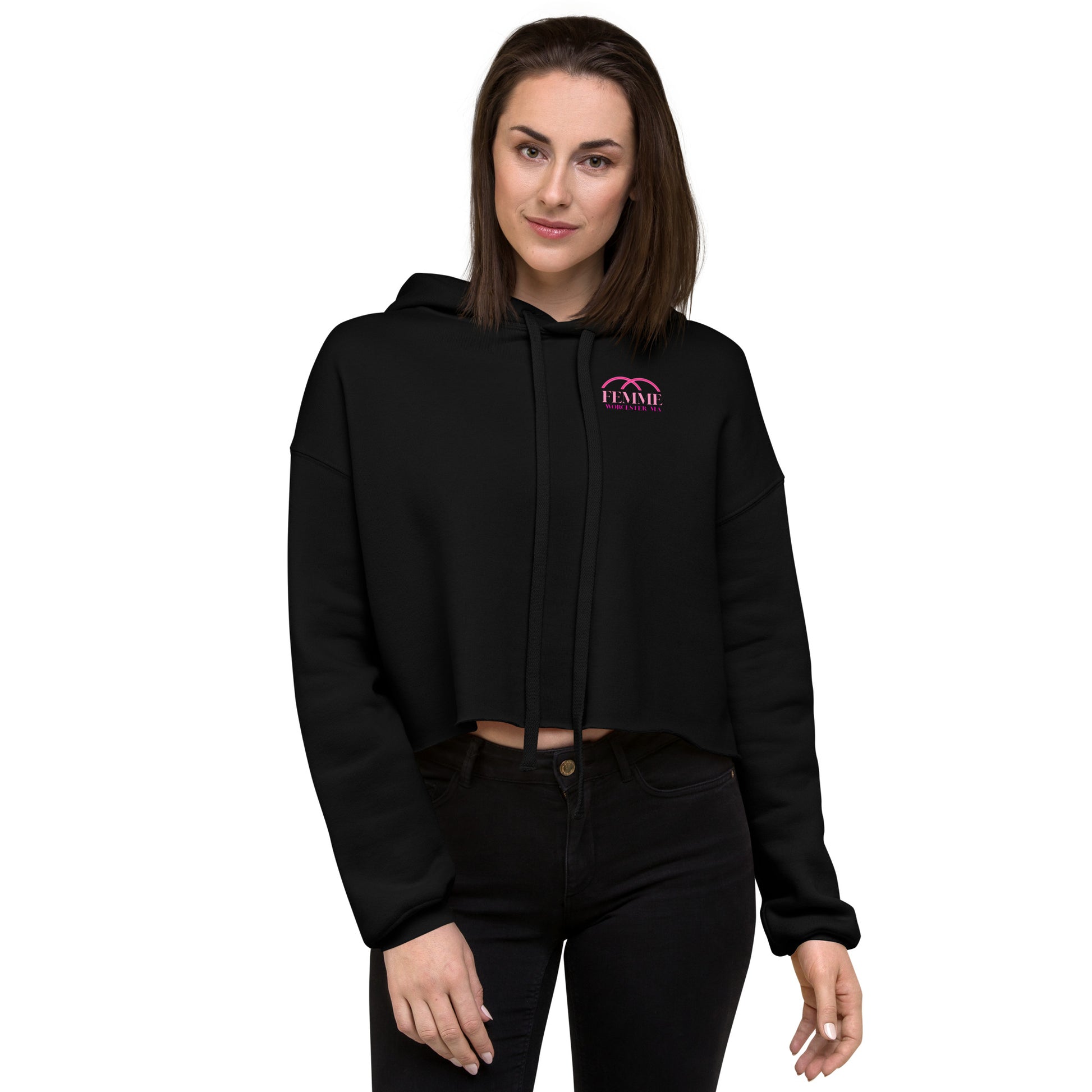 Femme Bar crop hoodie in black, front view — lesbian bar merch, Worcester MA