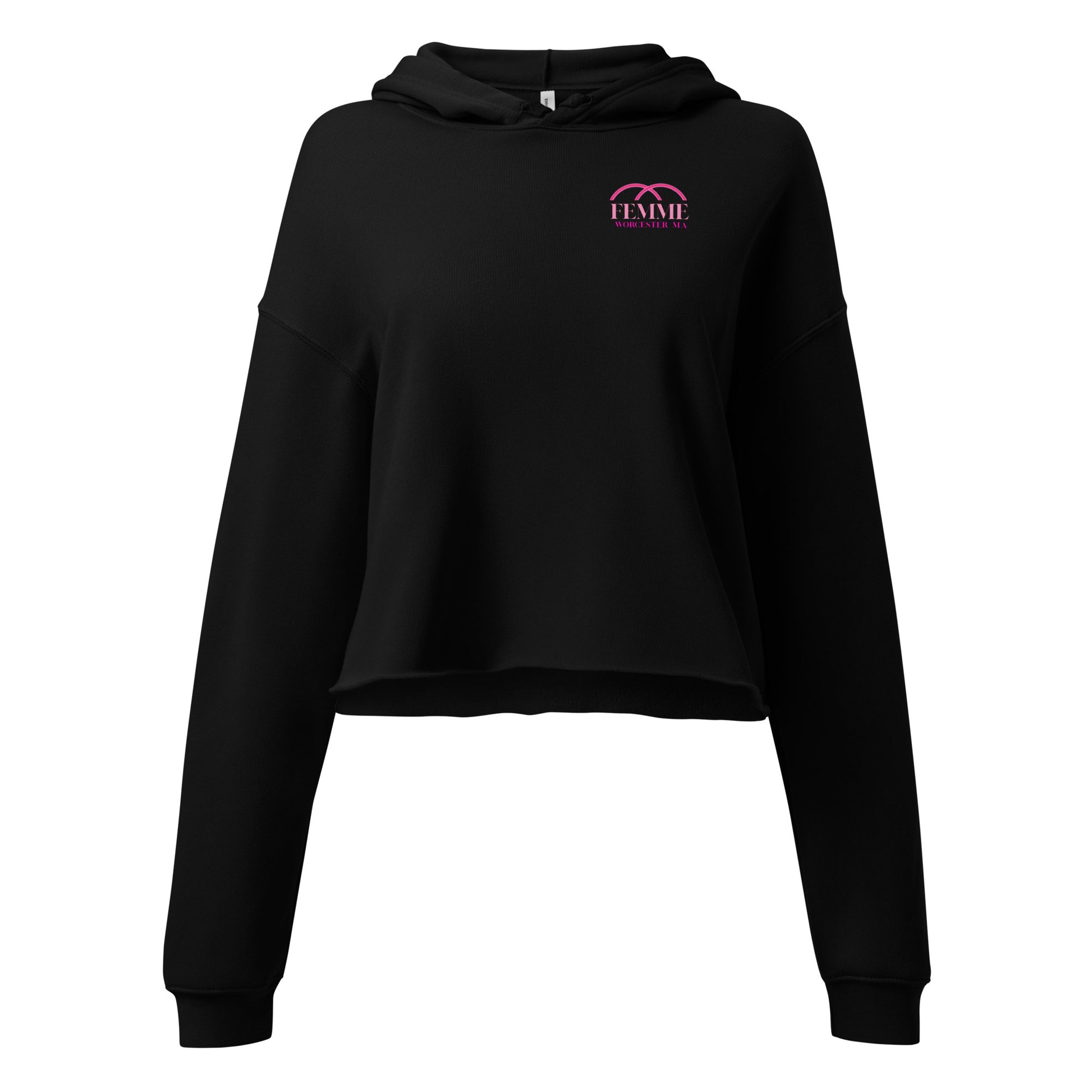 Femme Bar crop hoodie in black, front — cropped lesbian bar merch, Worcester MA