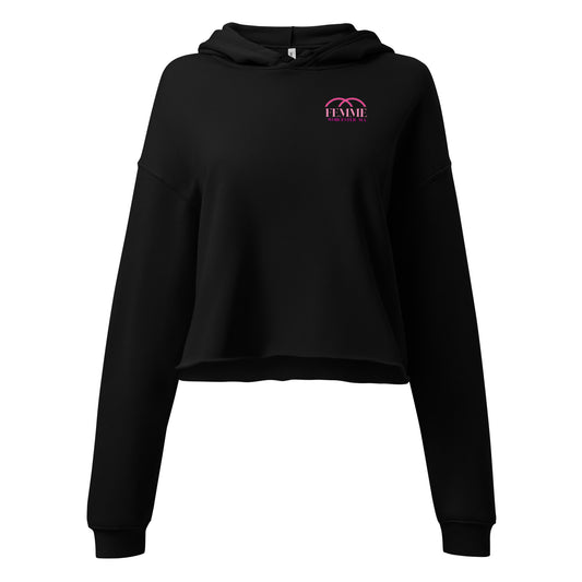 Femme Bar crop hoodie in black, front — cropped lesbian bar merch, Worcester MA