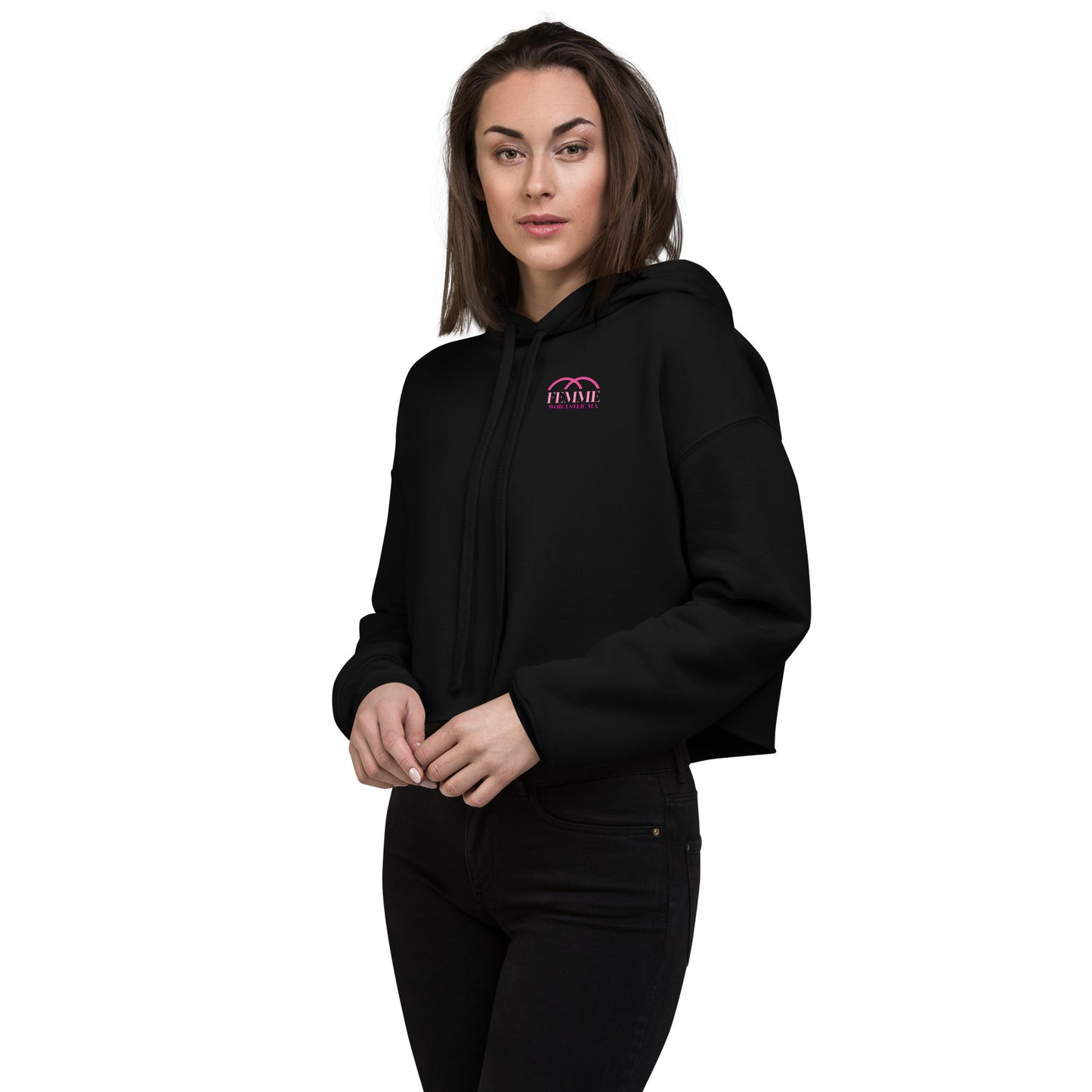 Femme Bar crop hoodie in black, left-front — lesbian bar merch, Worcester MA