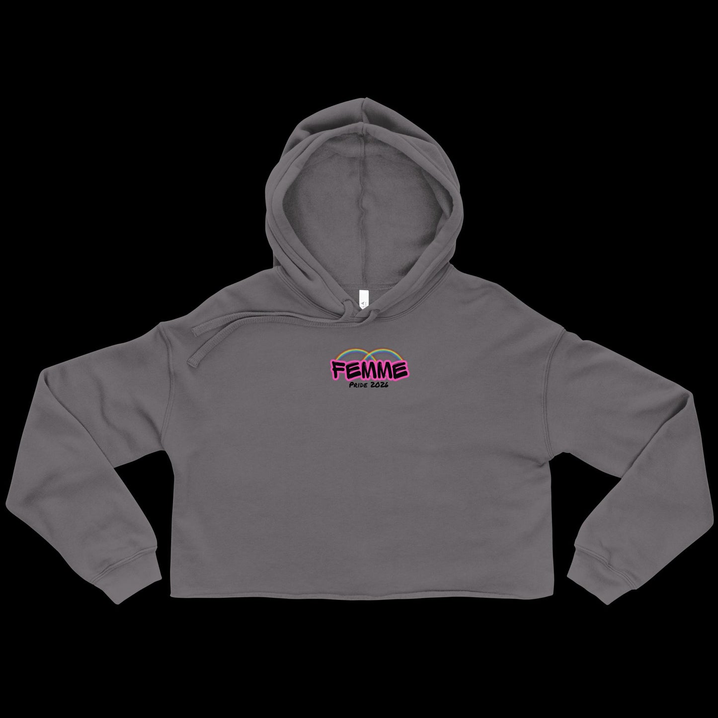 Femme Bar Pride 2026 crop hoodie in storm grey, front — rainbow lesbian pride clothing, Worcester MA