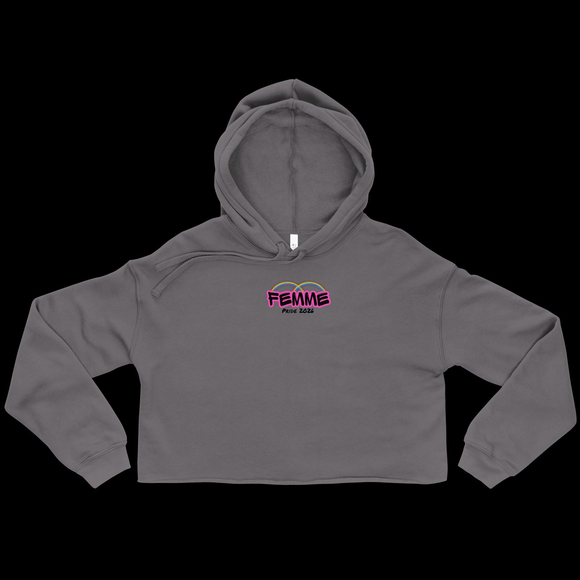 Femme Bar Pride 2026 crop hoodie in storm grey, front — rainbow lesbian pride clothing, Worcester MA