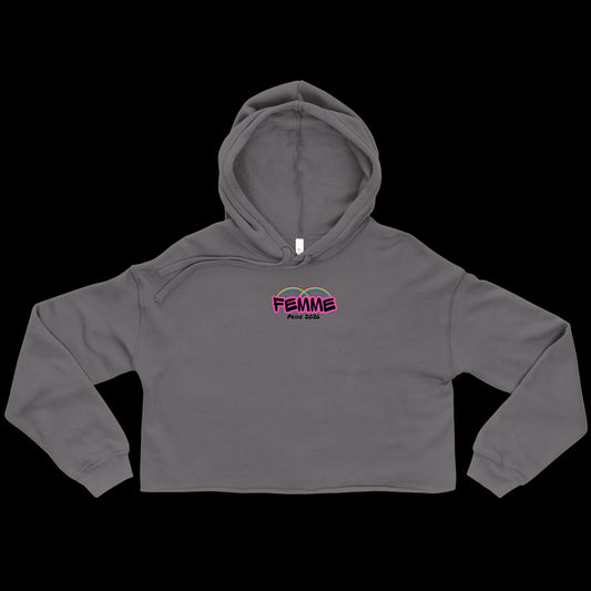 Femme Bar Pride 2026 crop hoodie in storm grey, front — rainbow lesbian pride clothing, Worcester MA